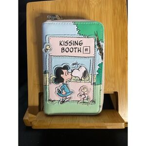 Loungefly Peanuts Snoopy Lucy Kissing Booth Zip Around Wallet Multi Color Vegan